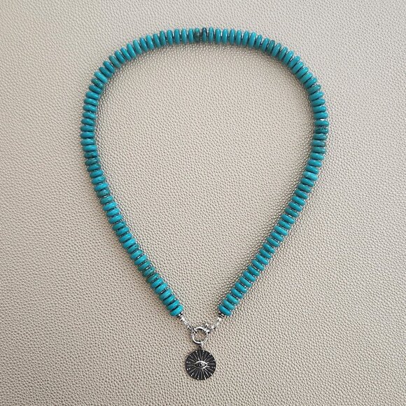 TURQUOISE NECKLACE W/ 925 SILVER EYE PENDANT--18" - Picture 2 of 2